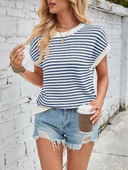 Lovelet Striped Round Neck Cap Sleeve Sweater - Trendsi
