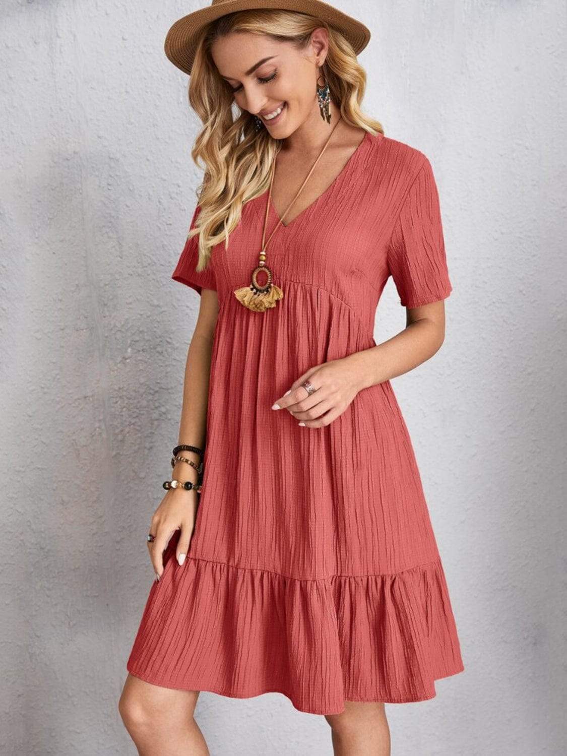 Full Size V-Neck Short Sleeve Dress - Trendsi - Flyclothing LLC
