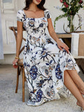 Devine Smocked Printed Short Sleeve Maxi Dress - Trendsi - Flyclothing LLC
