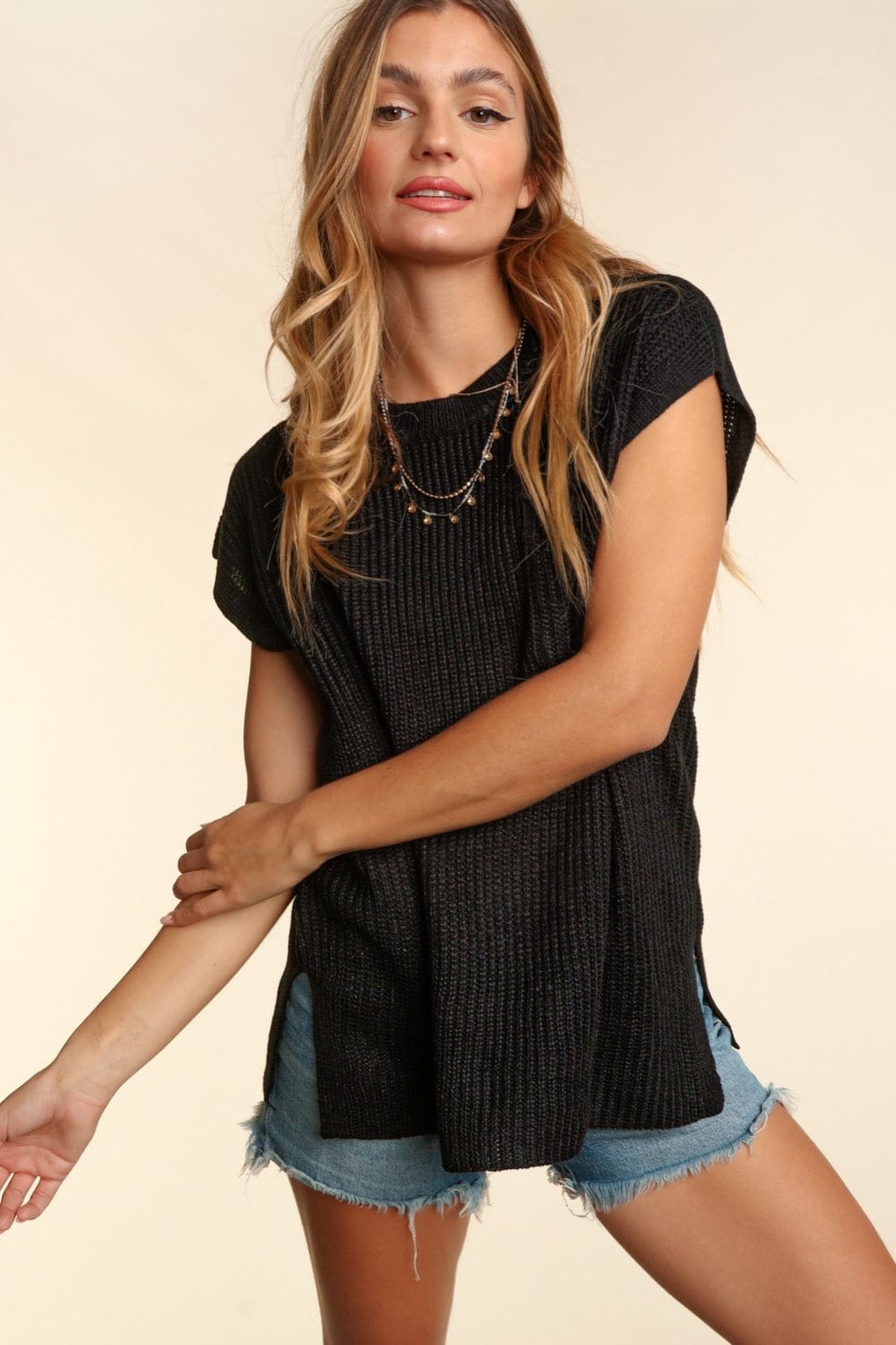 Haptics Pocketed Round Neck Cap Sleeve Knit Top - Trendsi