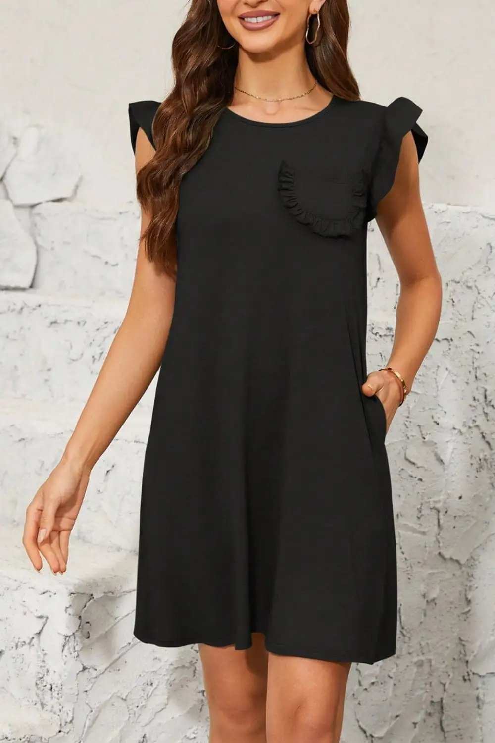 Pocketed Ruffled Cap Sleeve Mini Dress - Trendsi - Flyclothing LLC