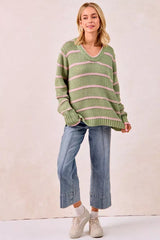 BiBi Striped Long Sleeve Sweater - Trendsi - Flyclothing LLC