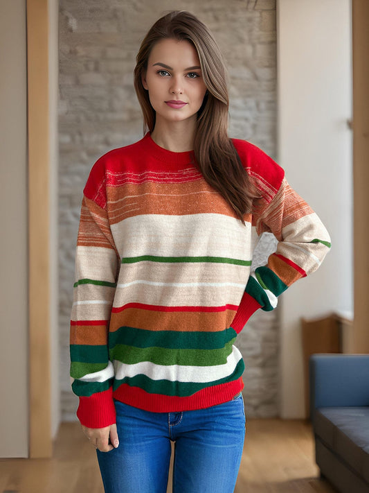 Contrast Striped Round Neck Long Sleeve Sweater - Trendsi