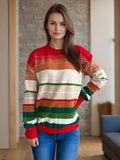 Contrast Striped Round Neck Long Sleeve Sweater - Trendsi - Flyclothing LLC