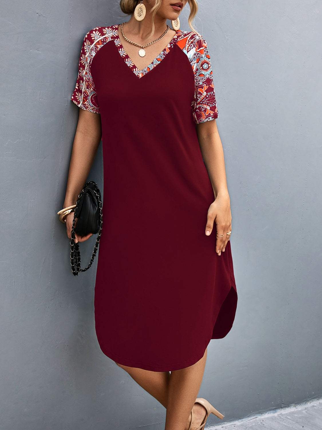 Printed V-Neck Short Sleeve Dress - Trendsi - Flyclothing LLC