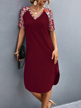 Printed V-Neck Short Sleeve Dress - Trendsi - Flyclothing LLC