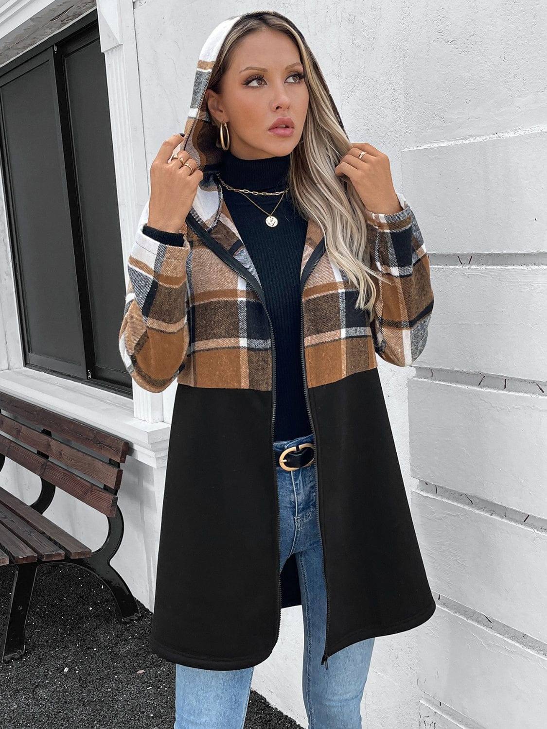 Plaid Zip Up Long Sleeve Hooded Outerwear - Trendsi