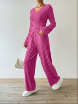 Ribbed V-Neck Long Sleeve Top and Pocketed Pants Set - Trendsi - Flyclothing LLC