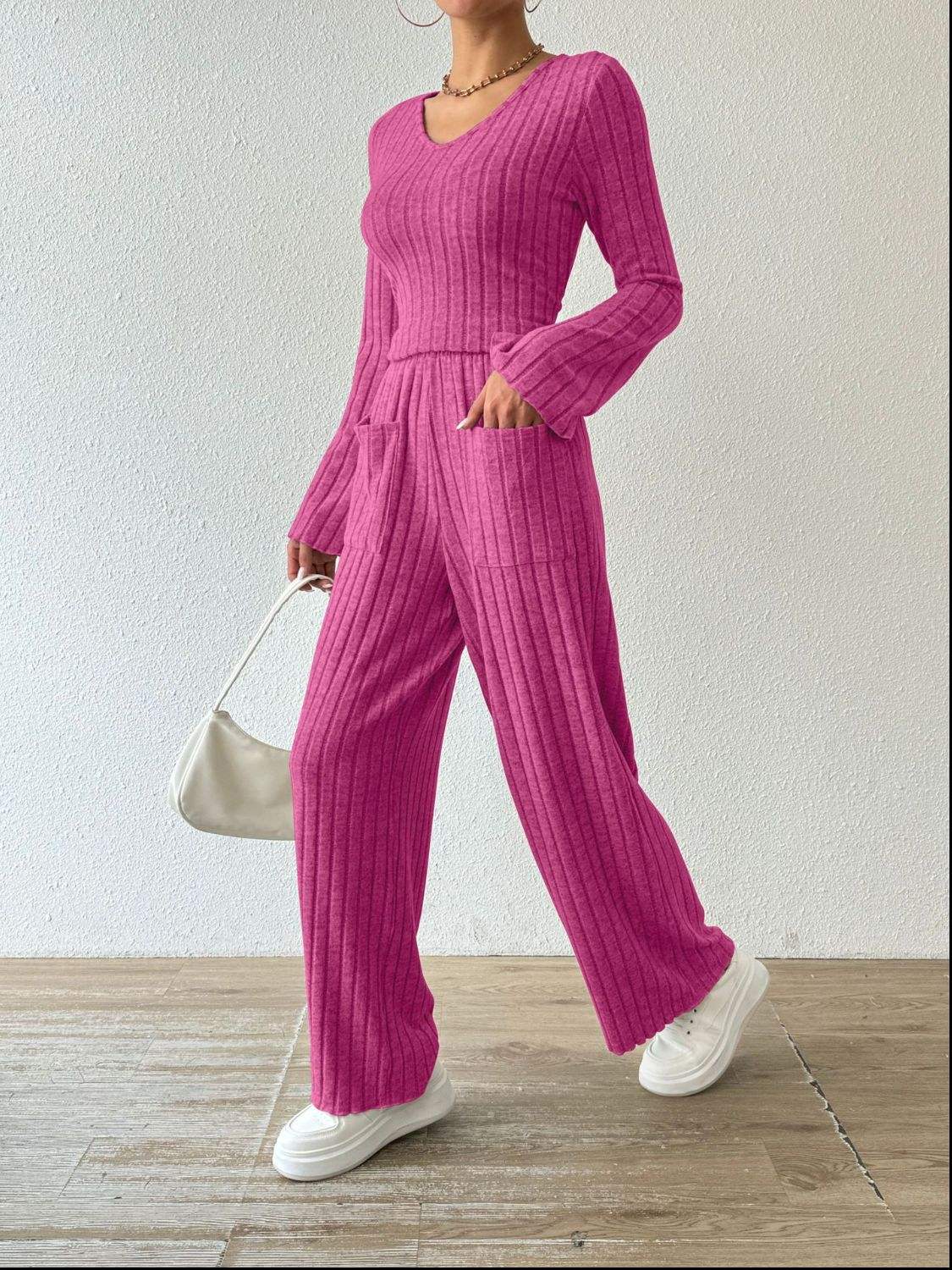 Ribbed V-Neck Long Sleeve Top and Pocketed Pants Set - Trendsi - Flyclothing LLC