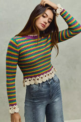 SO ME Mardi Gras Striped Cropped Knit Top with Crochet Edge - Trendsi - Flyclothing LLC