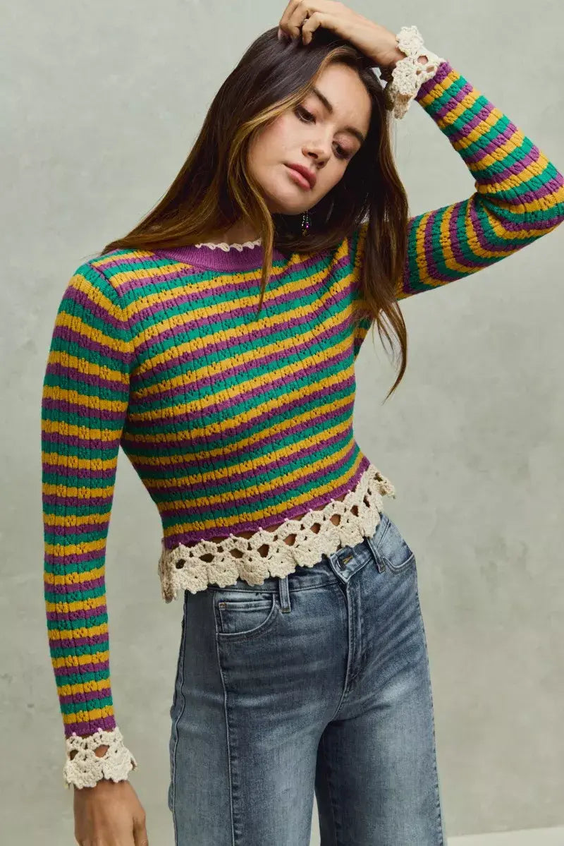 SO ME Mardi Gras Striped Cropped Knit Top with Crochet Edge - Trendsi - Flyclothing LLC