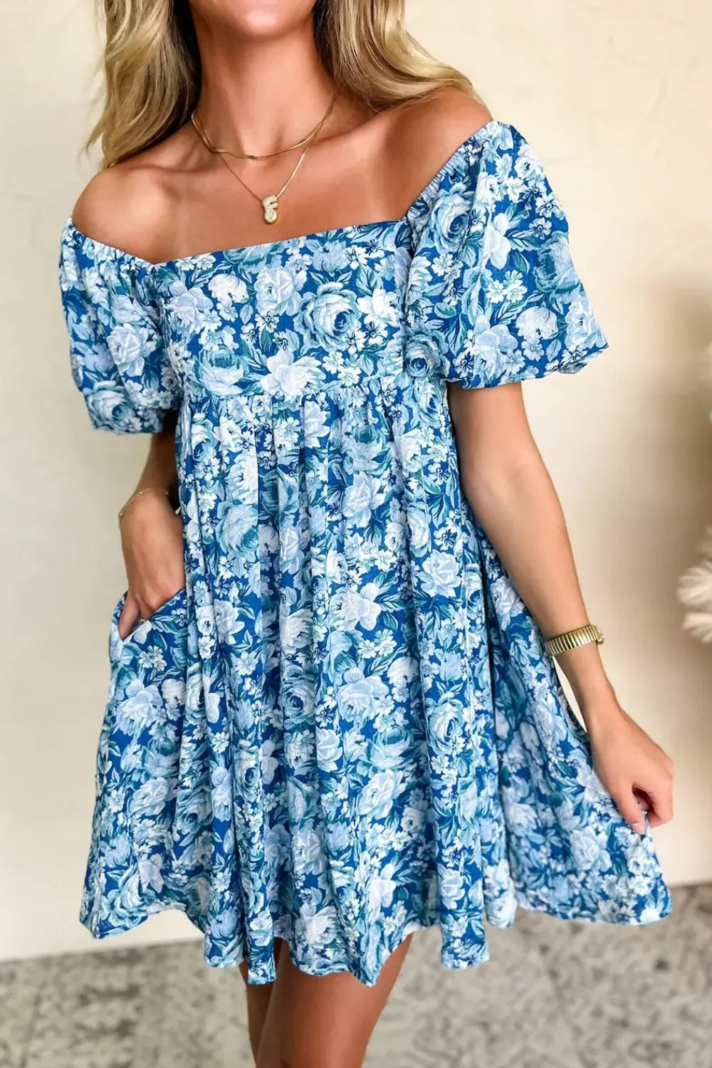 Floral Puff Sleeve Babydoll Mini Dress - Trendsi - Flyclothing LLC