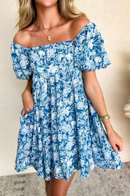 Floral Puff Sleeve Babydoll Mini Dress - Trendsi - Flyclothing LLC