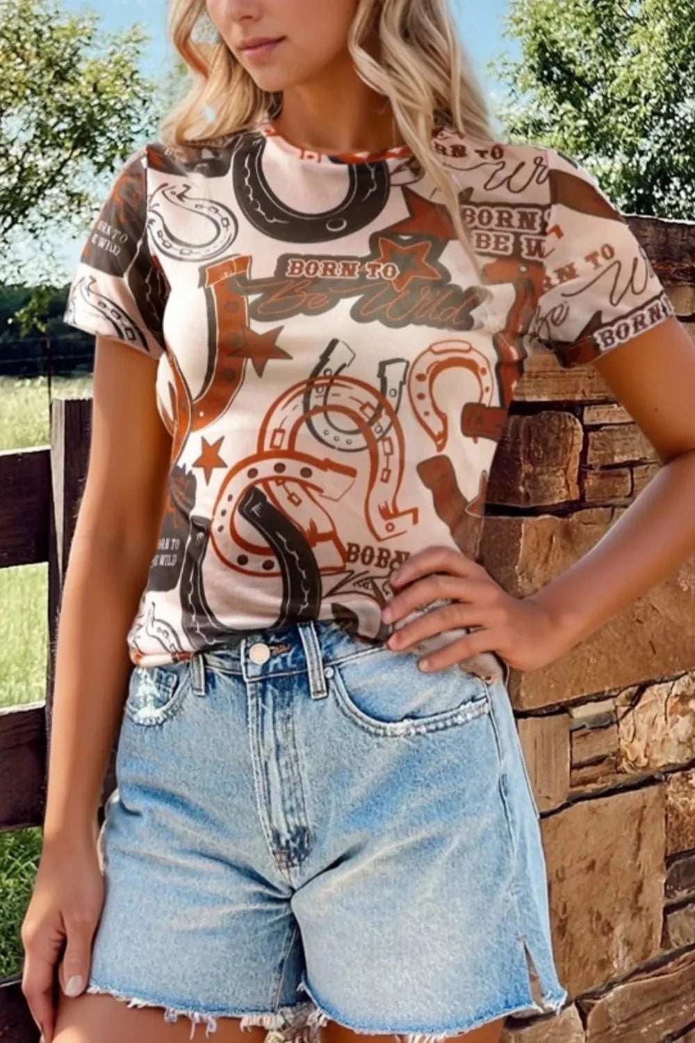 Western Horseshoe Printed Mesh Short Sleeve T Shirt - Trendsi - Flyclothing LLC