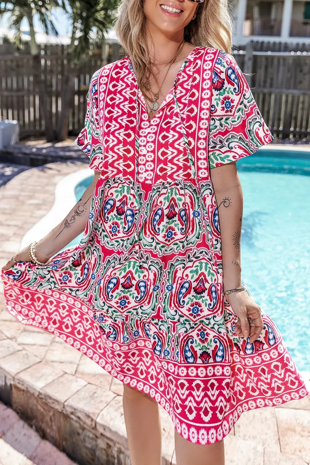 Printed Tie Neck Short Sleeve Dress - Trendsi - Flyclothing LLC