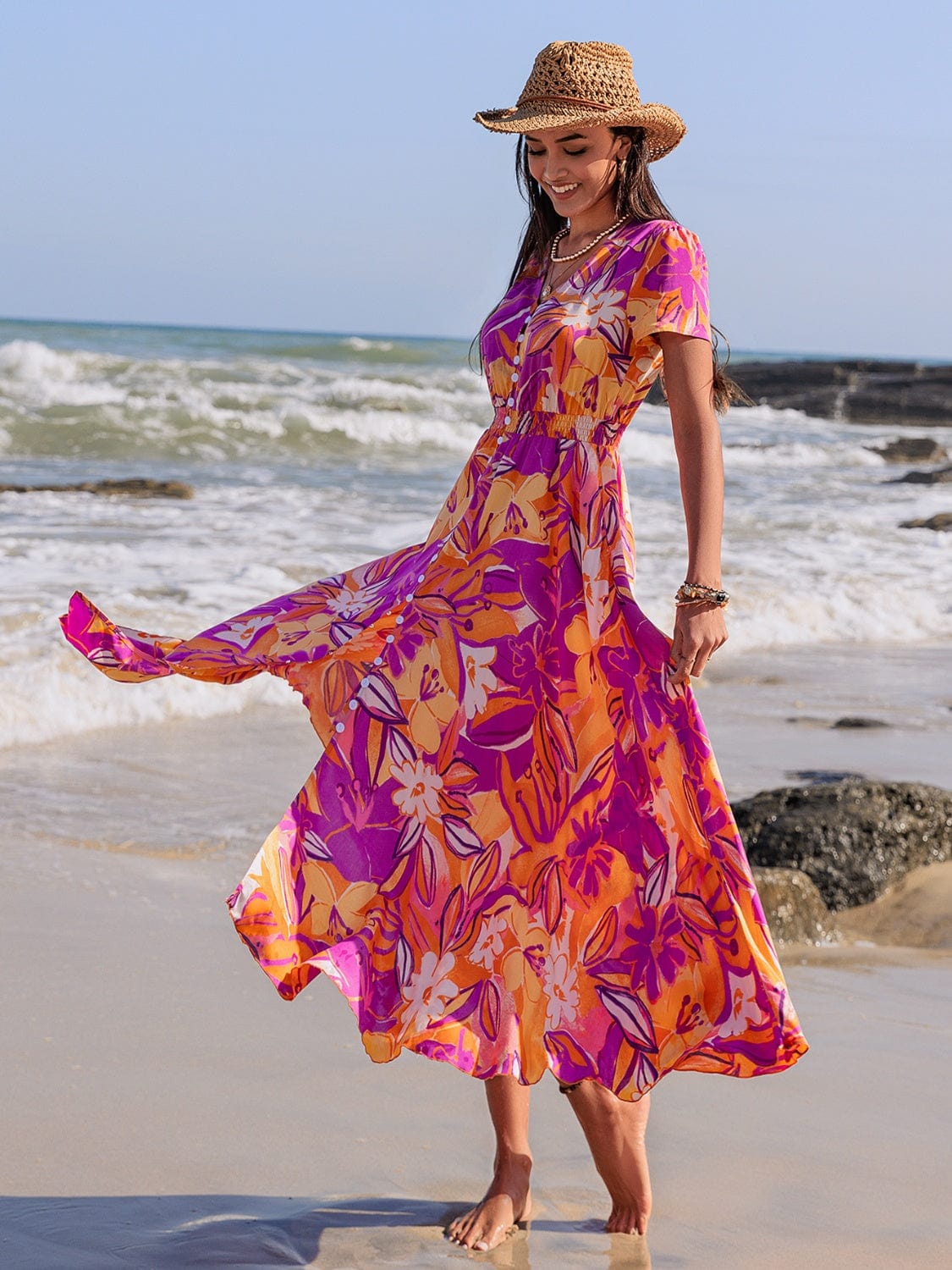 Printed V-Neck Short Sleeve Midi Dress - Trendsi