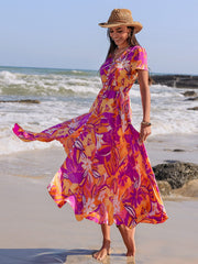 Printed V-Neck Short Sleeve Midi Dress - Trendsi