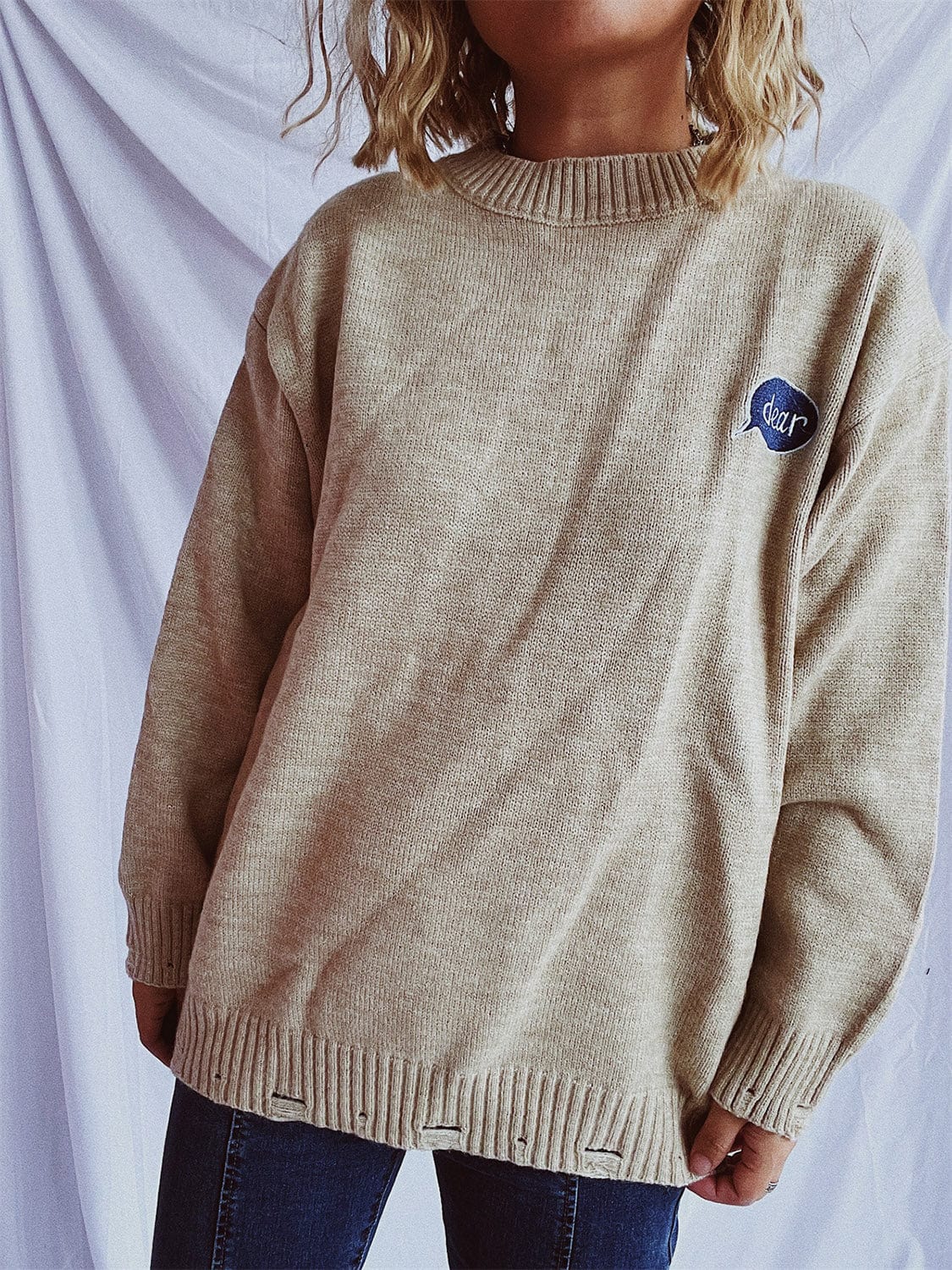 Embroidered Round Neck Dropped Shoulder Sweater - Trendsi