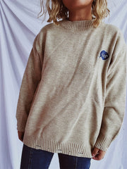 Embroidered Round Neck Dropped Shoulder Sweater - Trendsi