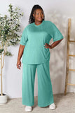 Double Take Full Size Round Neck Slit Top and Pants Set - Trendsi - Flyclothing LLC