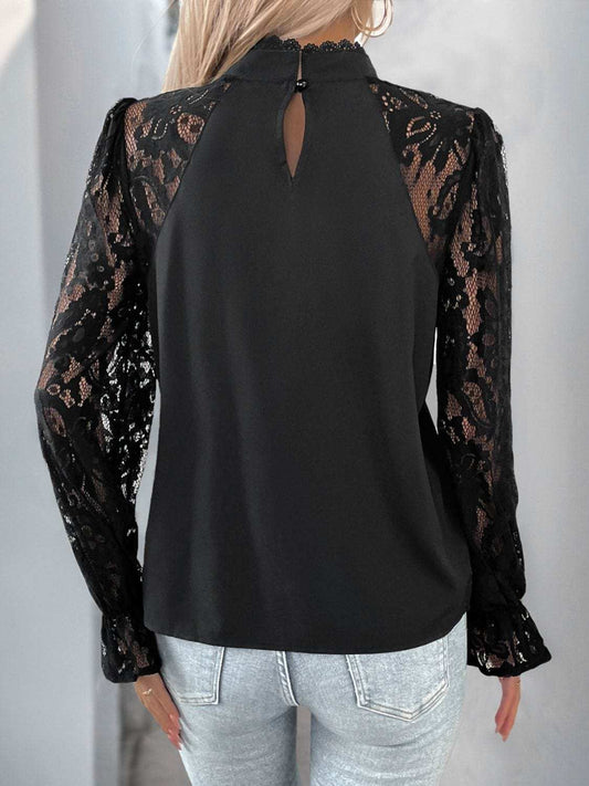 Perfee Mock Neck Lace Long Sleeve Blouse - Trendsi - Flyclothing LLC