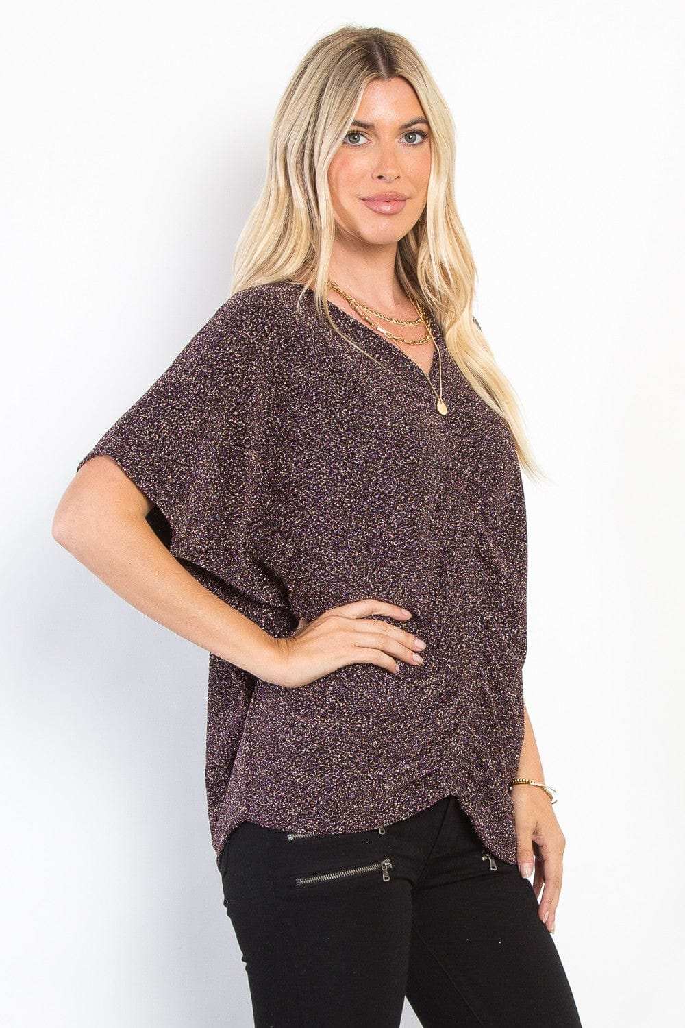 Be Stage Full Size Lurex Center Elastic Cinched Knit Top - Trendsi - Flyclothing LLC