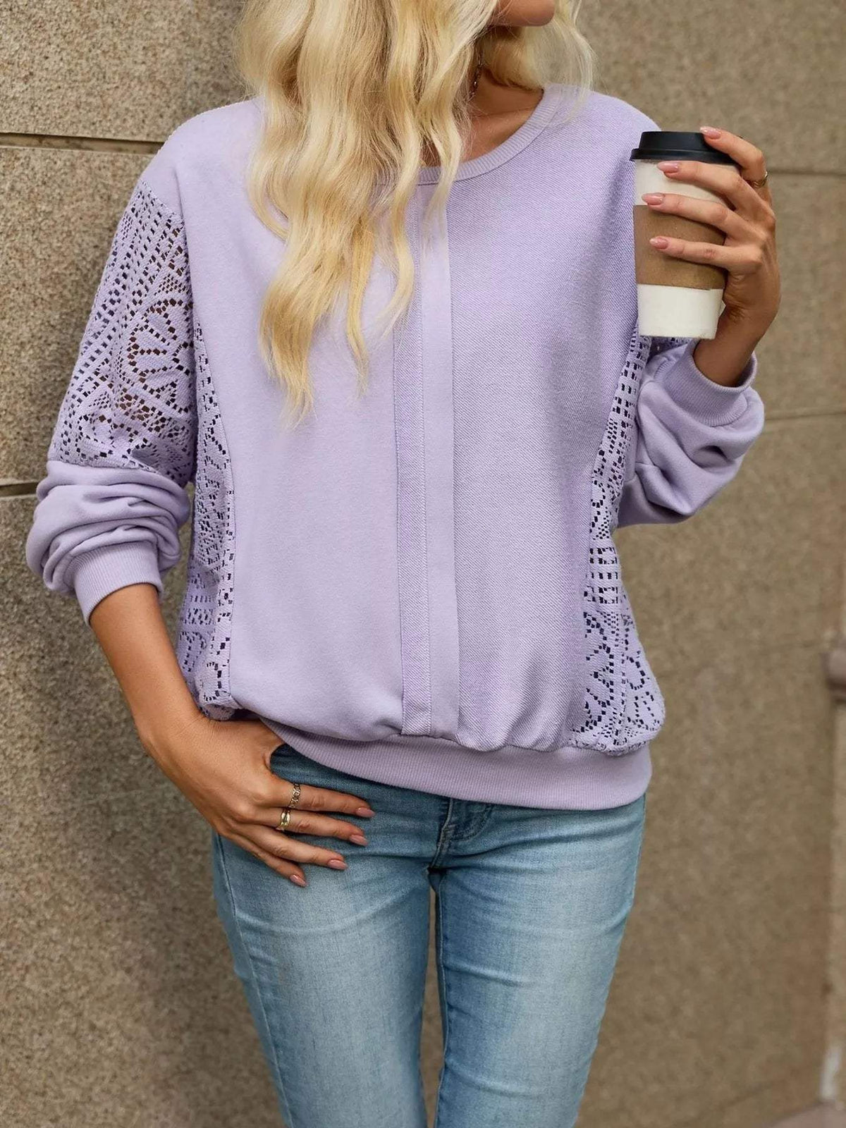 Lace Sleeve Crew Neck Sweatshirt - Trendsi - Flyclothing LLC