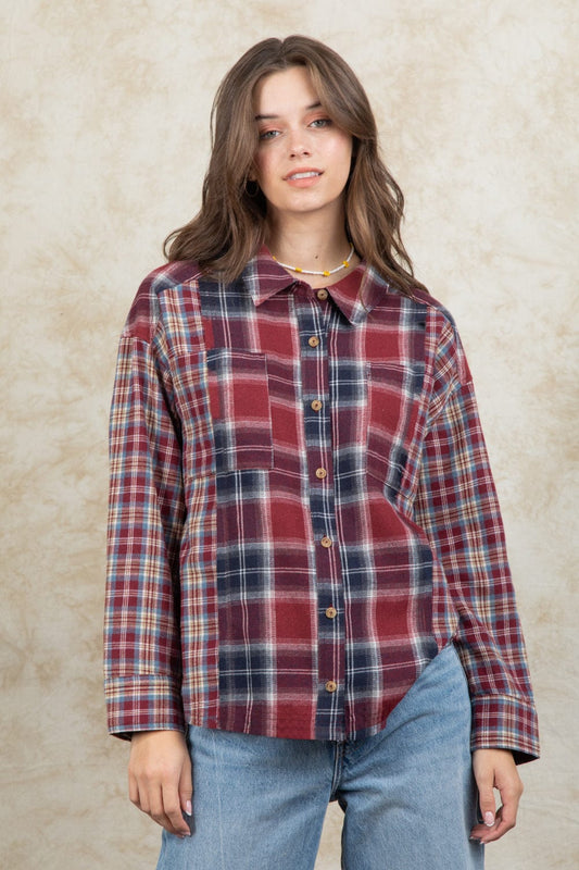 Plaid Collared Neck Button Up Long Sleeve Shirt - Trendsi