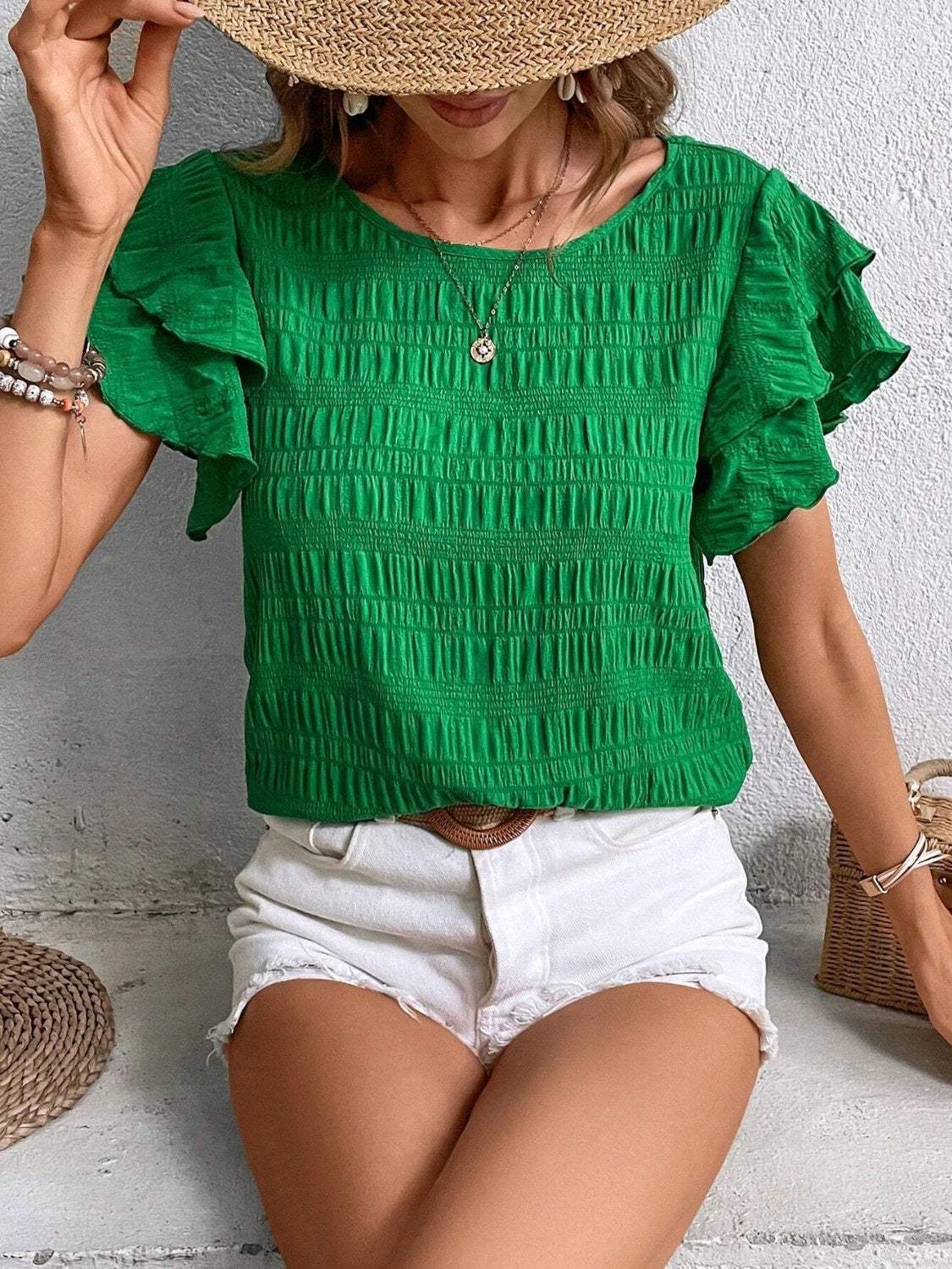 Round Neck Flounce Sleeve Blouse - Trendsi - Flyclothing LLC