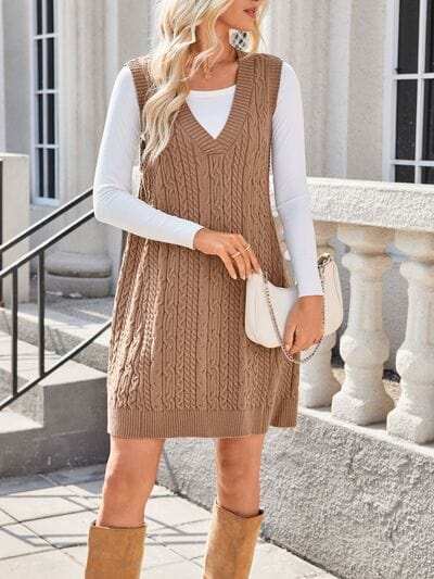 Lovelet Cable Knit V-Neck Mini Sweater Overall Dress - Trendsi - Flyclothing LLC
