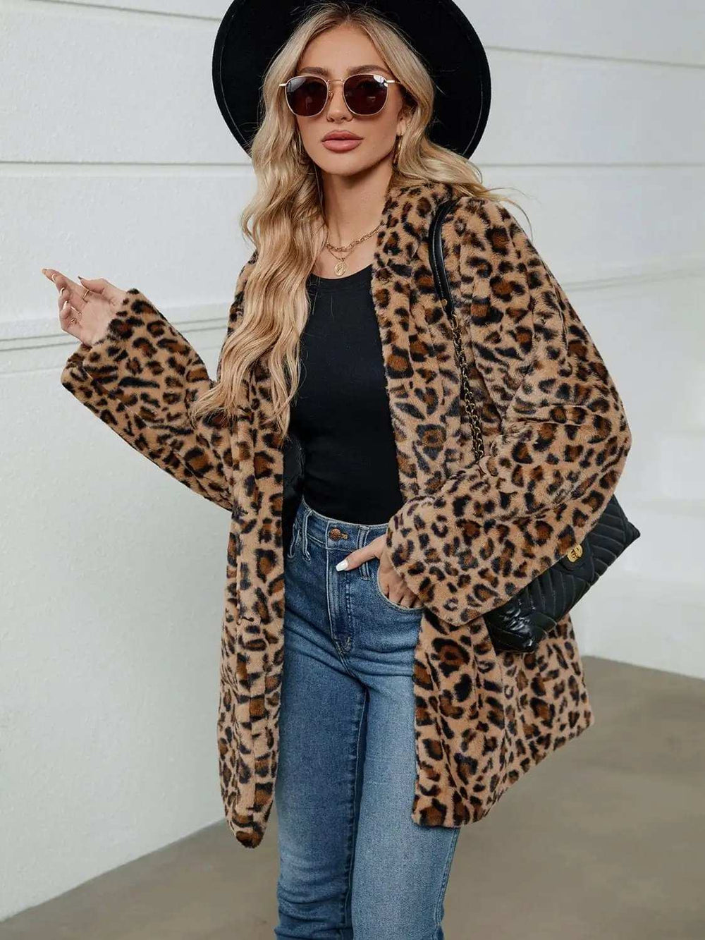 Fuzzy Leopard Hooded Long Sleeve Jacket - Trendsi - Flyclothing LLC