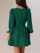 Ruched V-Neck Balloon Sleeve Mini Dress - Trendsi - Flyclothing LLC