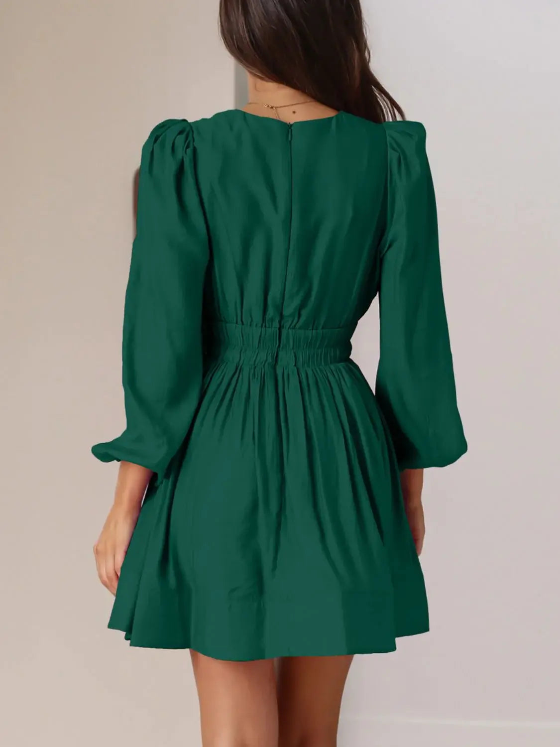 Ruched V-Neck Balloon Sleeve Mini Dress - Trendsi - Flyclothing LLC