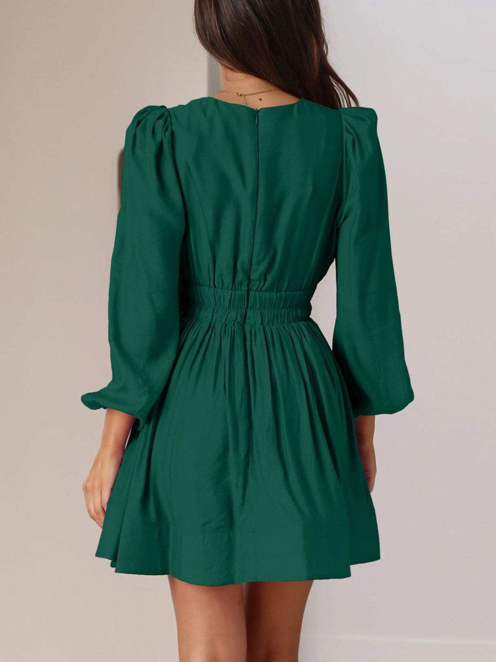 Ruched V-Neck Balloon Sleeve Mini Dress - Trendsi - Flyclothing LLC