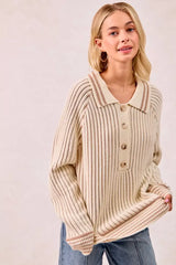 BiBi Half Button Ribbed Two Tone Sweater - Trendsi - Flyclothing LLC