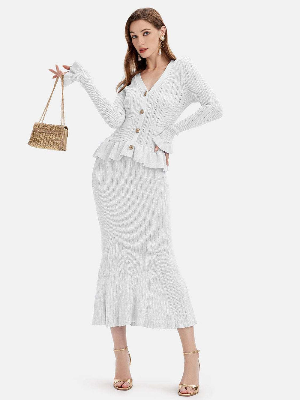 Ruffled V-Neck Top and Midi Skirt Sweater Set - Trendsi - Flyclothing LLC