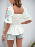 Perfee Embroidered Smocked Square Neck Half Sleeve Blouse - Trendsi