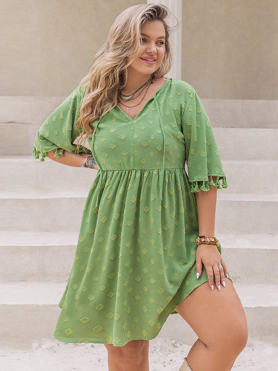 Plus Size Tied Tassel Half Sleeve Mini Dress - Trendsi - Flyclothing LLC
