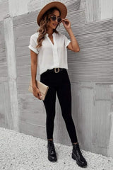 Full Size Notched Short Sleeve Blouse - Trendsi - Flyclothing LLC
