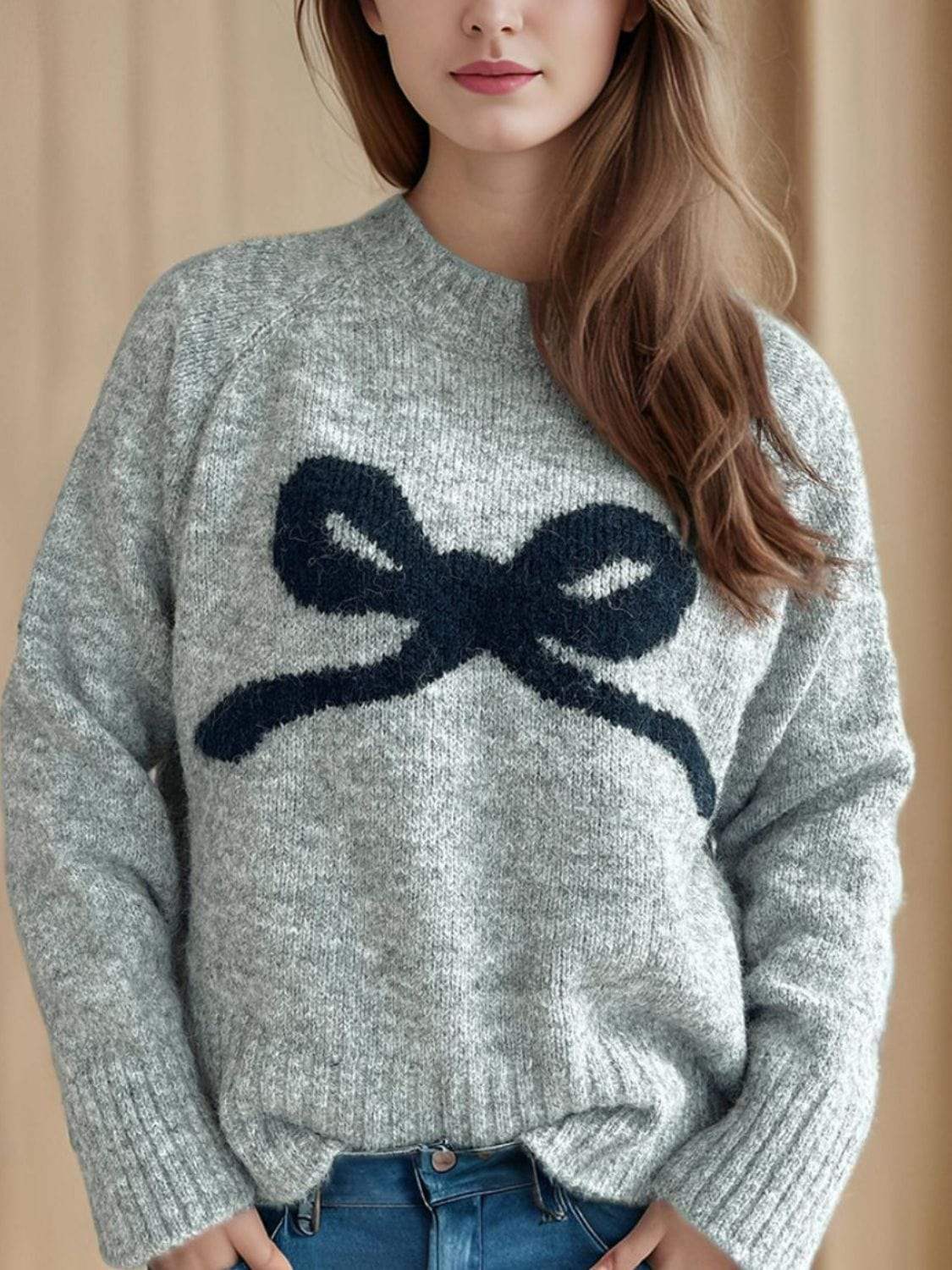 Bow Round Neck Long Sleeve Sweater - Trendsi - Flyclothing LLC