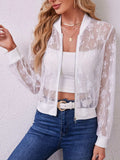Lace Baseball Collar Zip Up Jacket - Trendsi - Flyclothing LLC