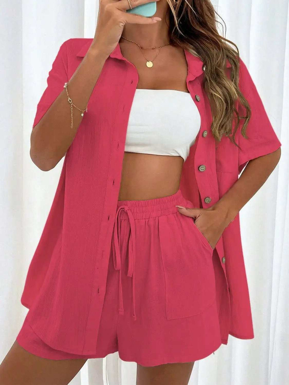 Button Up Half Sleeve Top and Shorts Set - Trendsi - Flyclothing LLC