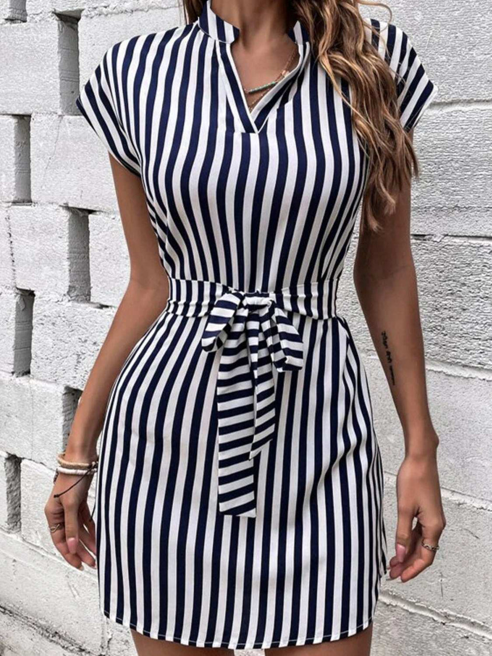Tied Striped Cap Sleeve Mini Dress - Trendsi - Flyclothing LLC