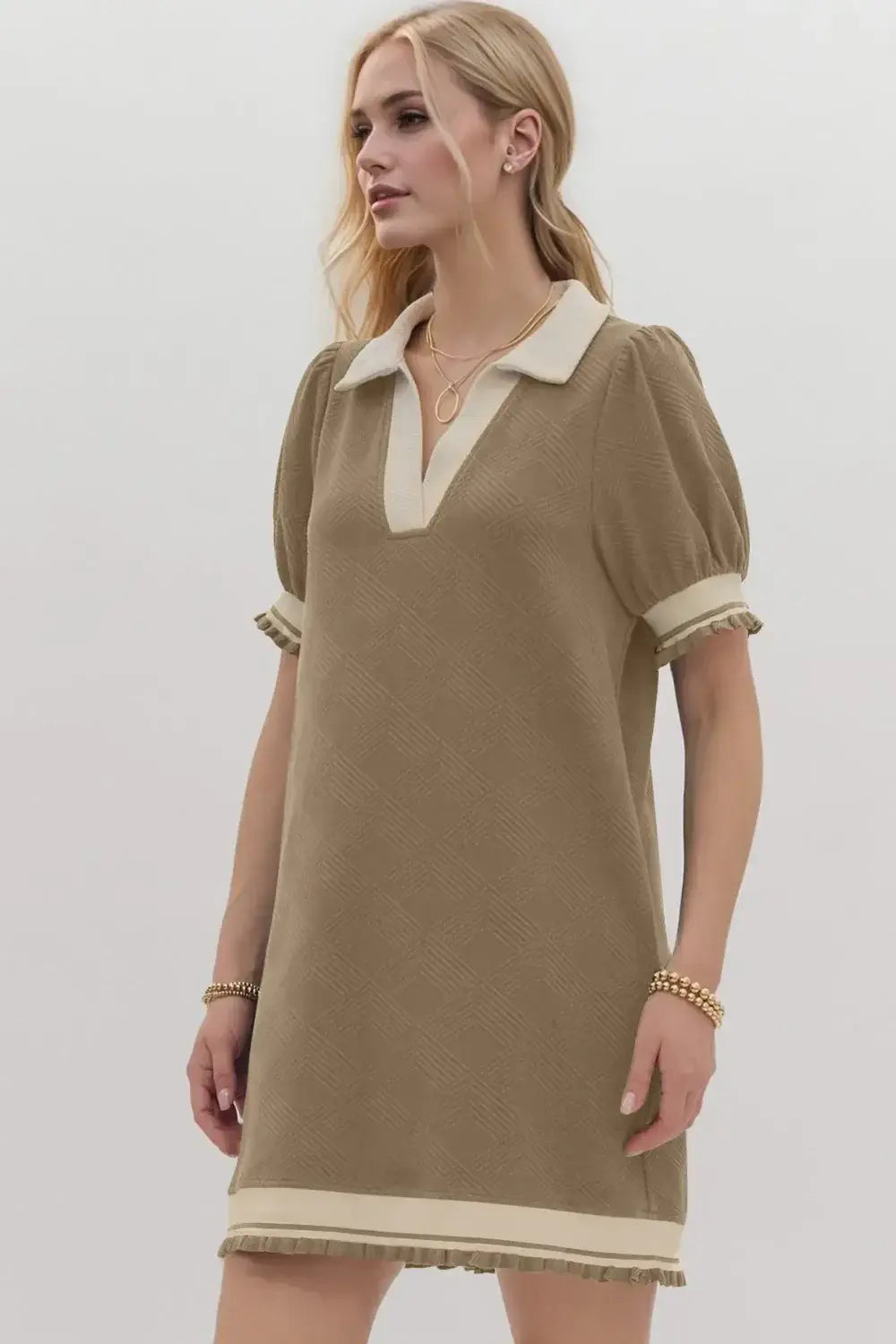 Oh Frill Contrast Trim Johnny Collar Short Sleeve Mini Dress - Trendsi - Flyclothing LLC