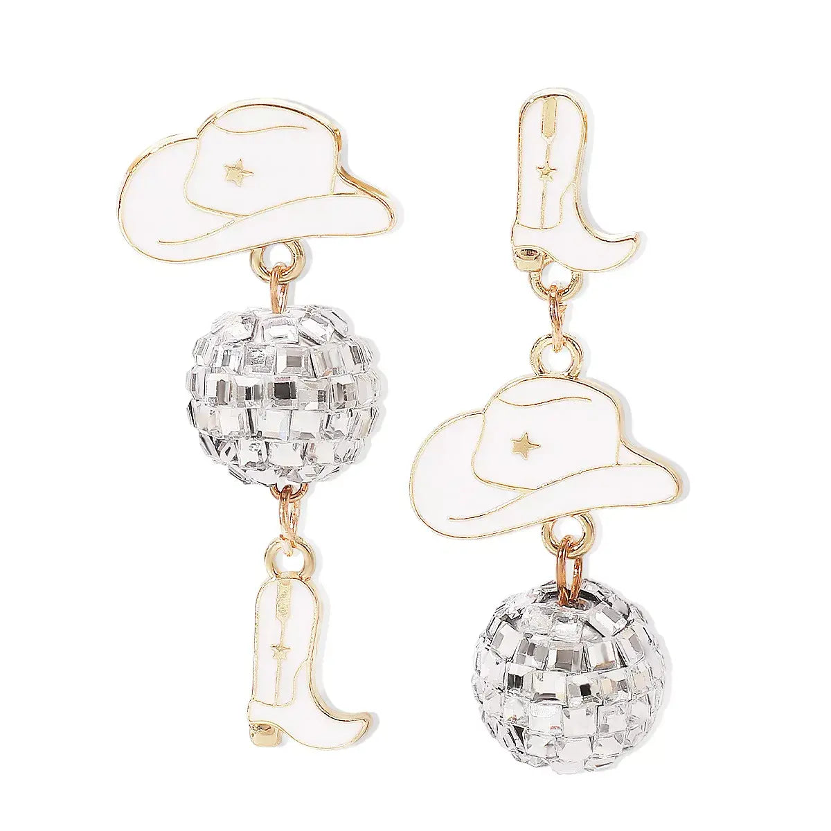 Asymmetrical Cowgirl Boot Hat Ball Dangle Earrings - Trendsi - Flyclothing LLC