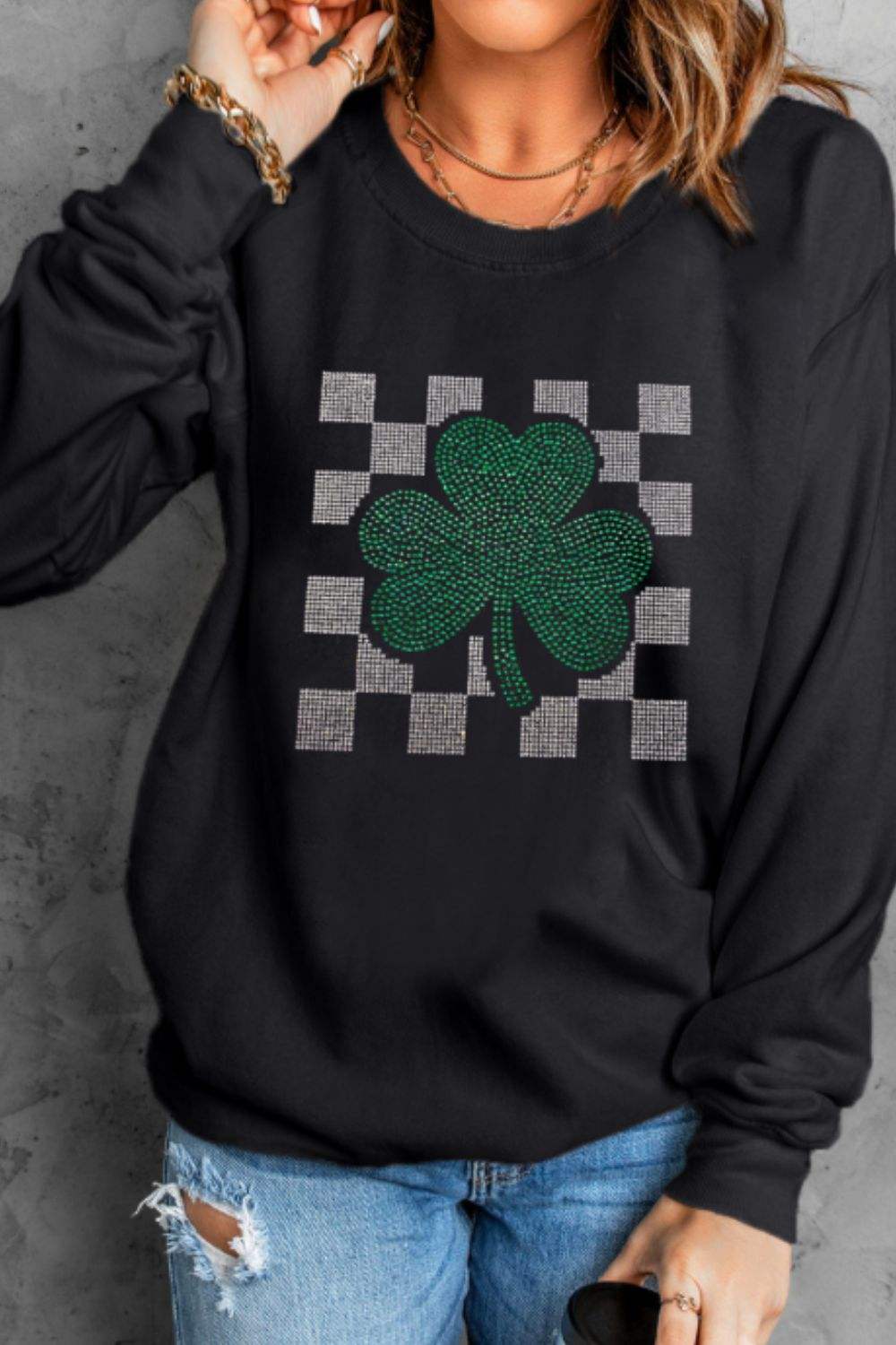 Rhinestone Checkered Lucky Clover Round Neck Sweatshirt - Trendsi - Flyclothing LLC