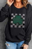 Rhinestone Checkered Lucky Clover Round Neck Sweatshirt - Trendsi - Flyclothing LLC