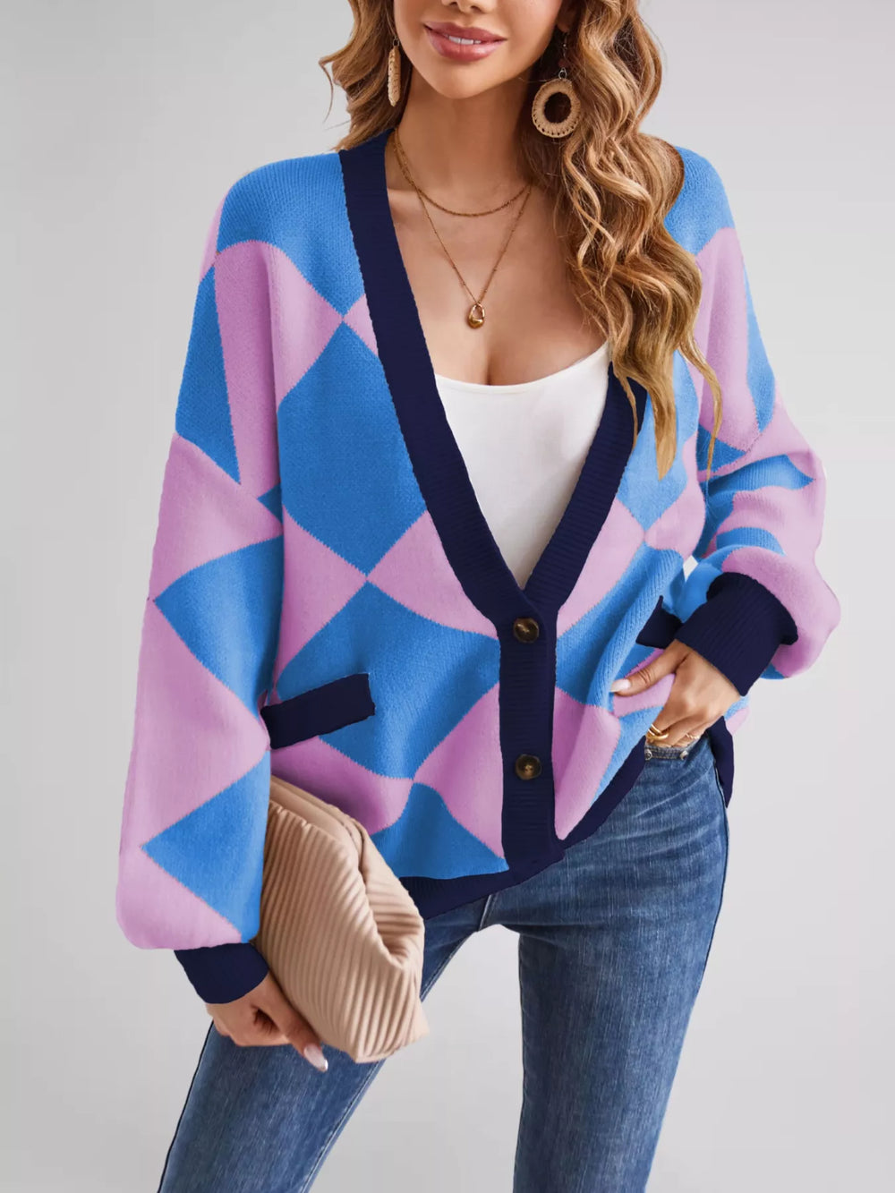 Diamond Pattern Button-Up Knit Cardigan - Trendsi - Flyclothing LLC