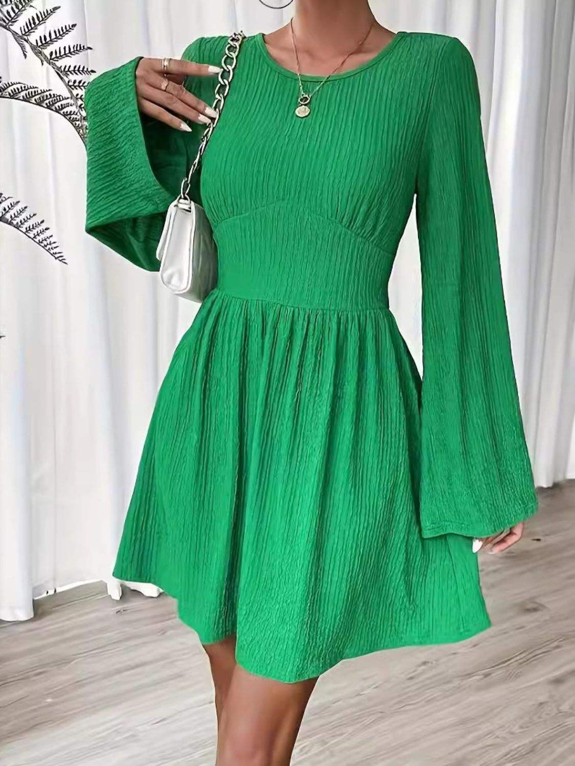 Round Neck Flare Sleeve Mini Dress - Trendsi - Flyclothing LLC