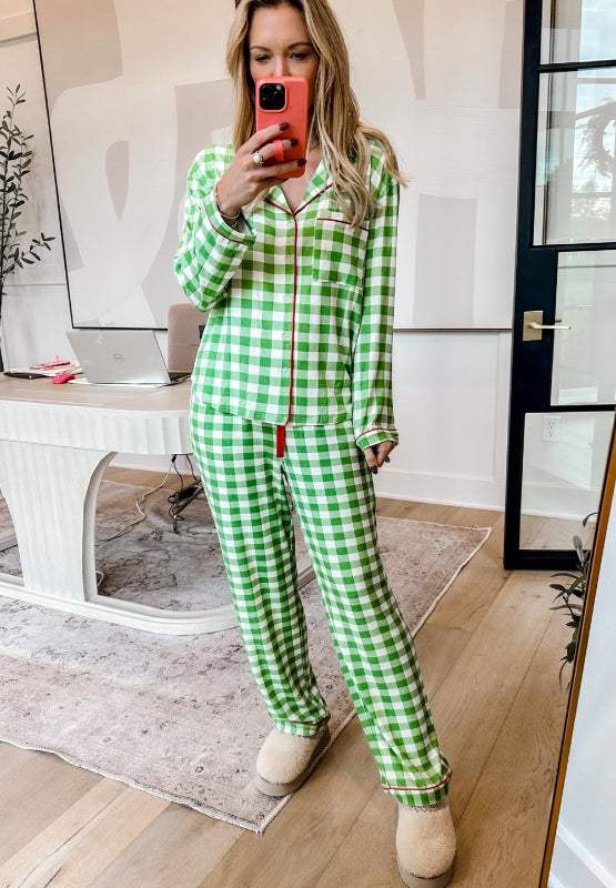 Plaid Collared Neck Long Sleeve Top and Pants Set - Trendsi - Flyclothing LLC